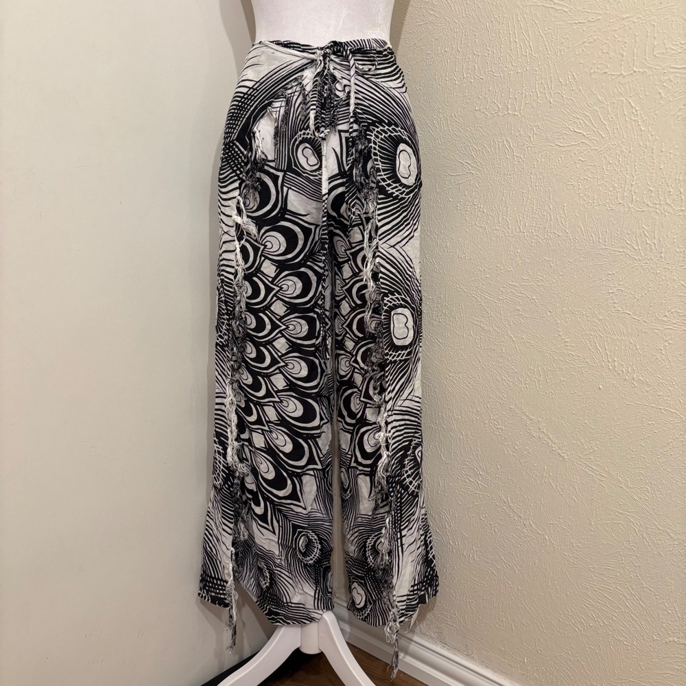 Black and White Peacock Print Fringe Wide Leg Wrap Pants Beach Coverup Boho